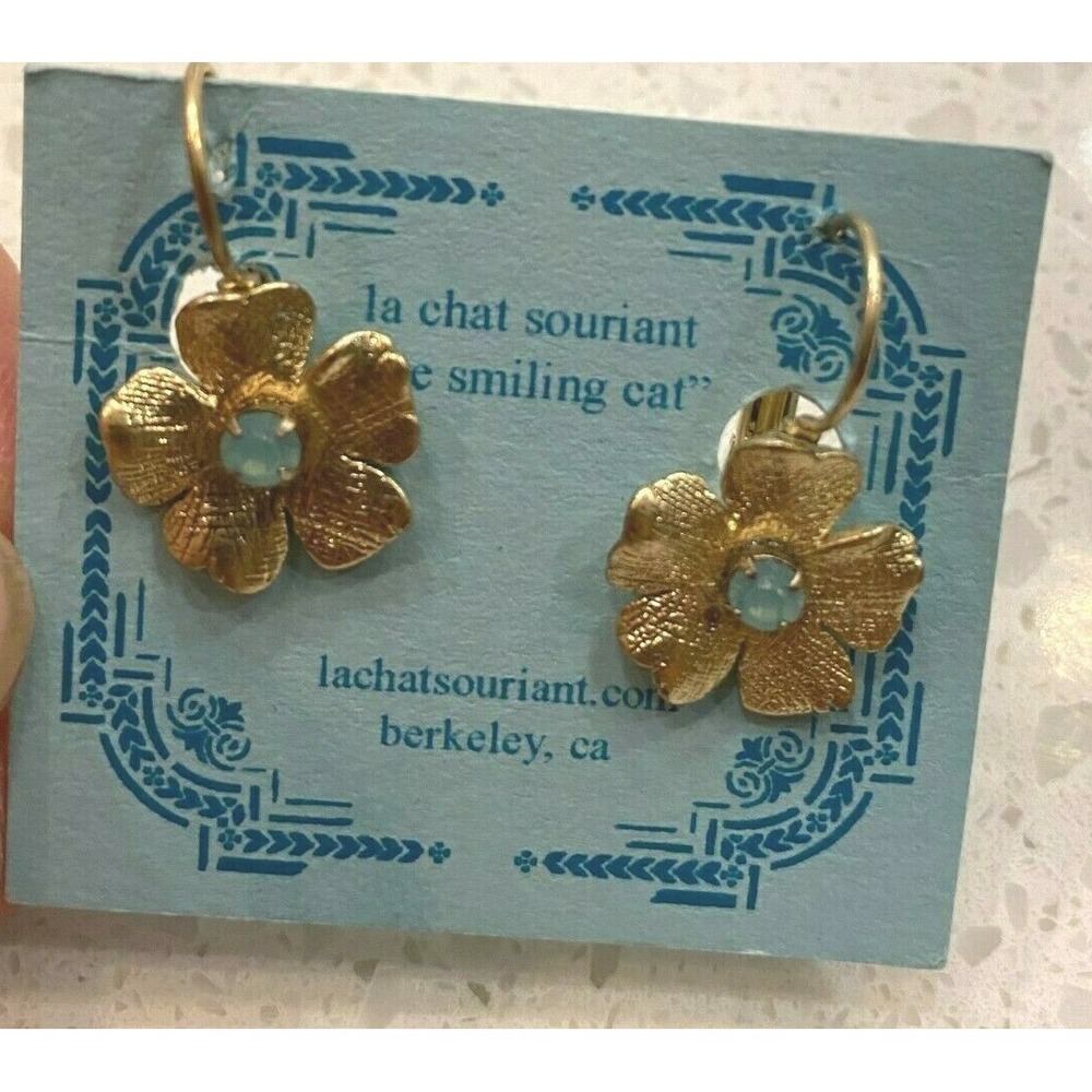 The Smiling Cat Aquamarine Goldtone Brushed Flower Lever Back Earrings LP 6148